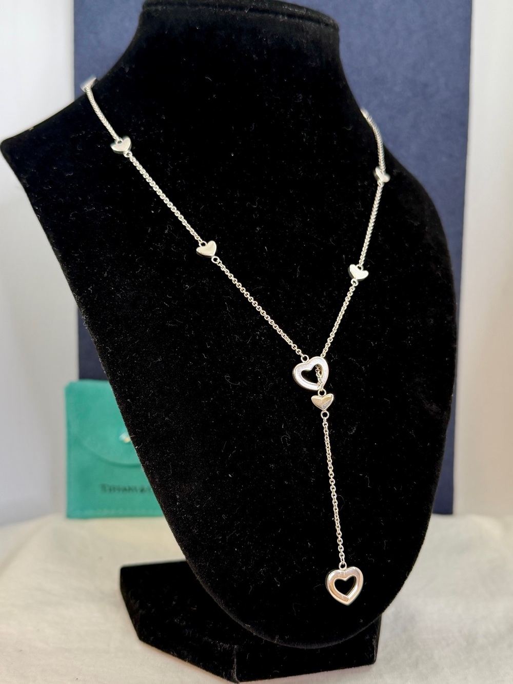 TIFFANY & CO. Sterling Silver Solid Open Mini Hearts Link Lariat Necklace w/ COA - Picture 9 of 13
